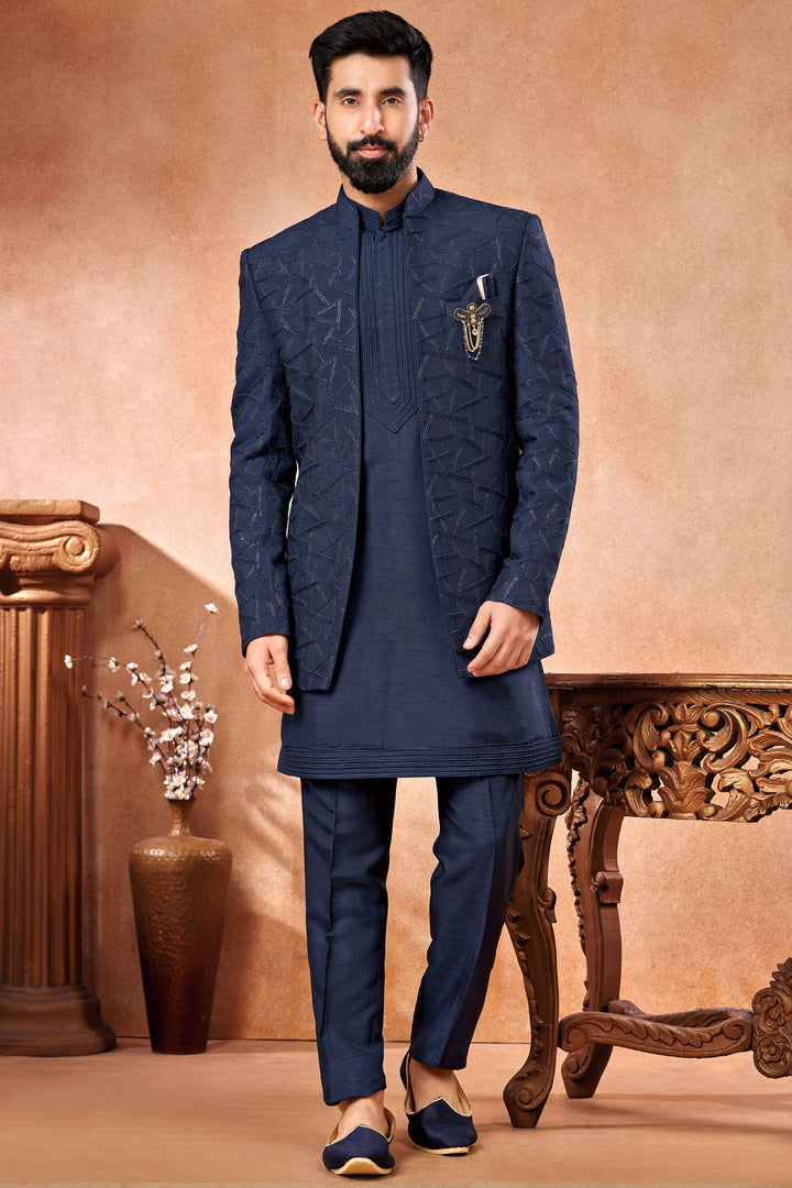 Navy Blue Color Embroidery Work Banarasi Silk Fabric Wedding Wear Readymade Indo Western Jodhpuri Suit For Men
