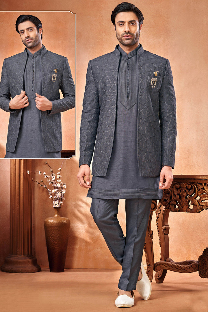Banarasi Silk Fabric Grey Color Embroidery Work Festive Wear Trendy Readymade Men Indo Western Jodhpuri Suit