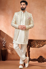 Load image into Gallery viewer, White Color Wedding Wear Banarasi Silk Fabric Embroidery Work Designer Readymade Indo Western Jodhpuri Suit For Men