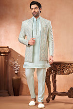 Load image into Gallery viewer, Embroidery Work Appealing Light Cyan Color Banarasi Silk Fabric Wedding Wear Readymade Indo Western Jodhpuri Suit For Men