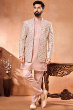 Load image into Gallery viewer, Pink Color Embroidery Work Engaging Banarasi Silk Fabric Festive Wear Readymade Indo Western Jodhpuri Suit For Men