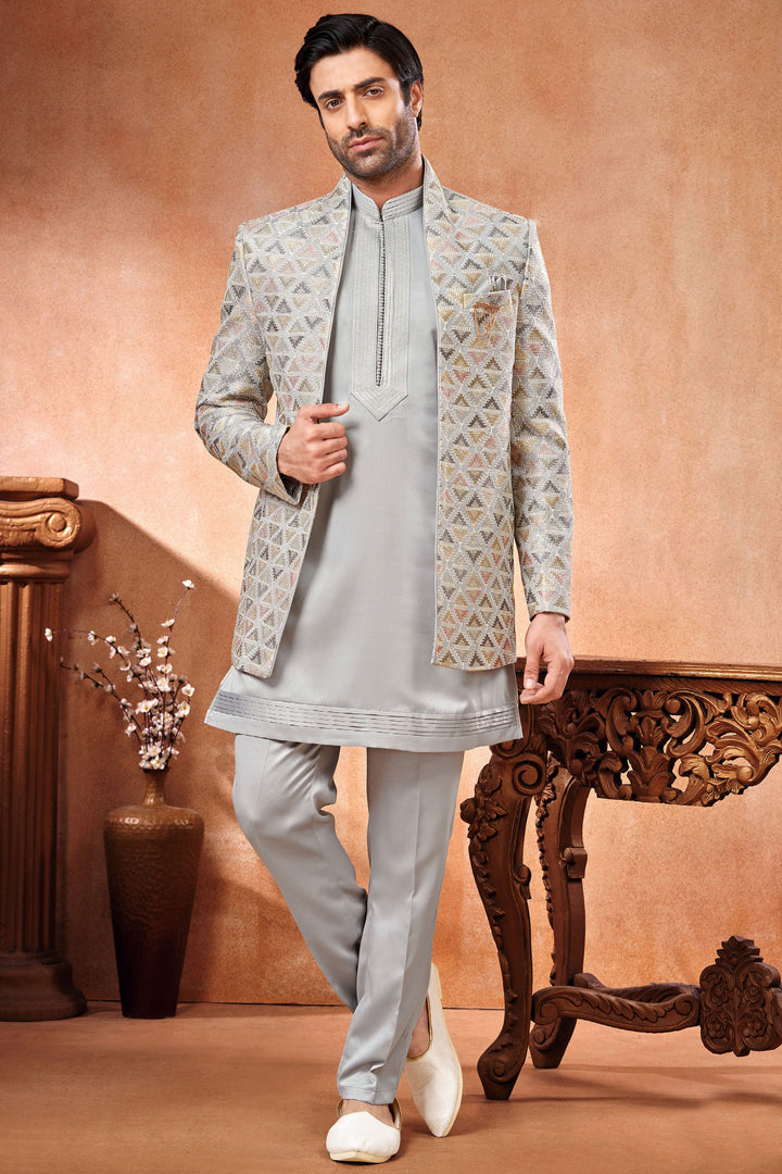 Grey Color Banarasi Silk Fabric Embroidery Work Festive Wear Captivating Readymade Indo Western Jodhpuri Suit For Men