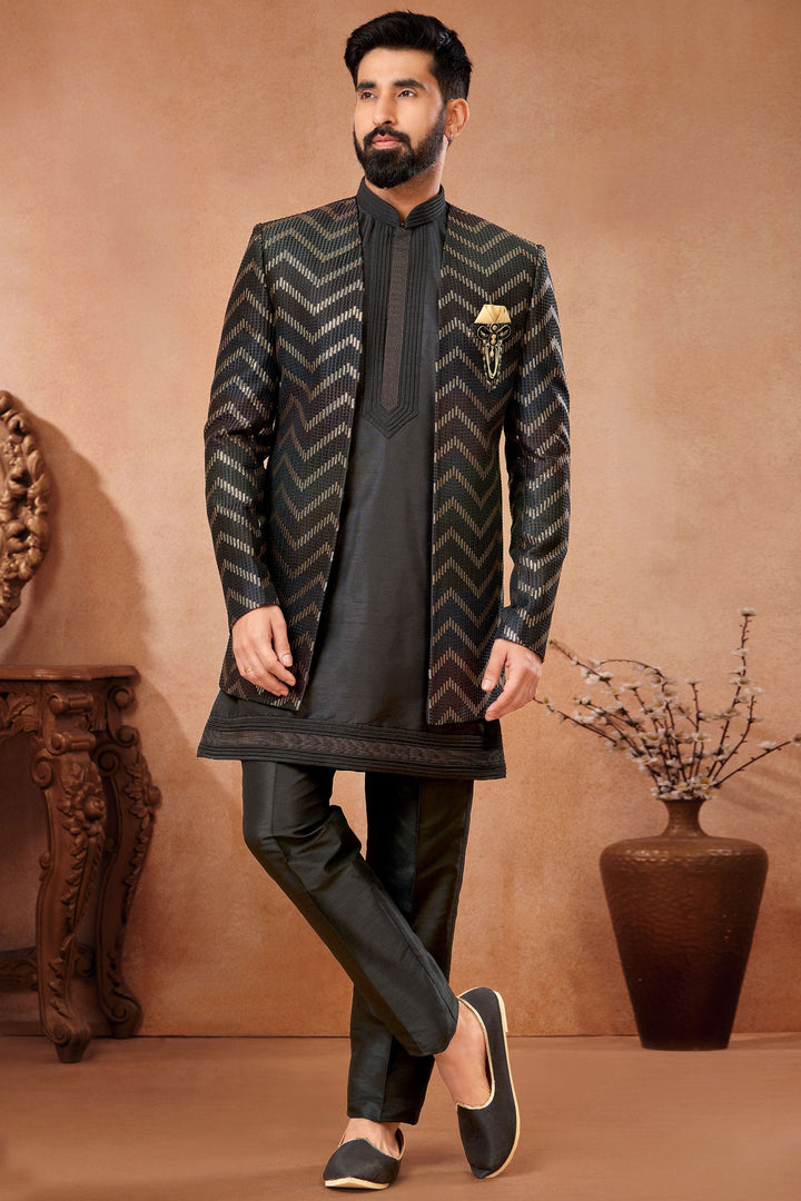 Fetching Black Banarasi Silk Fabric Wedding Wear Embroidery Work Readymade Indo Western Jodhpuri Suit For Men