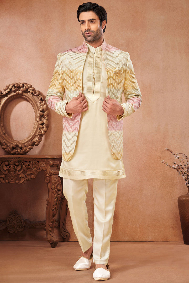 Embroidery Work Cream Color Gorgeous Banarasi Silk Wedding Wear Readymade Indo Western Jodhpuri Suit For Men