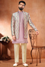 Load image into Gallery viewer, Lavender Color Embroidery Work Banarasi Silk Fabric Wedding Wear Striking Readymade Indo Western Jodhpuri Suit For Men