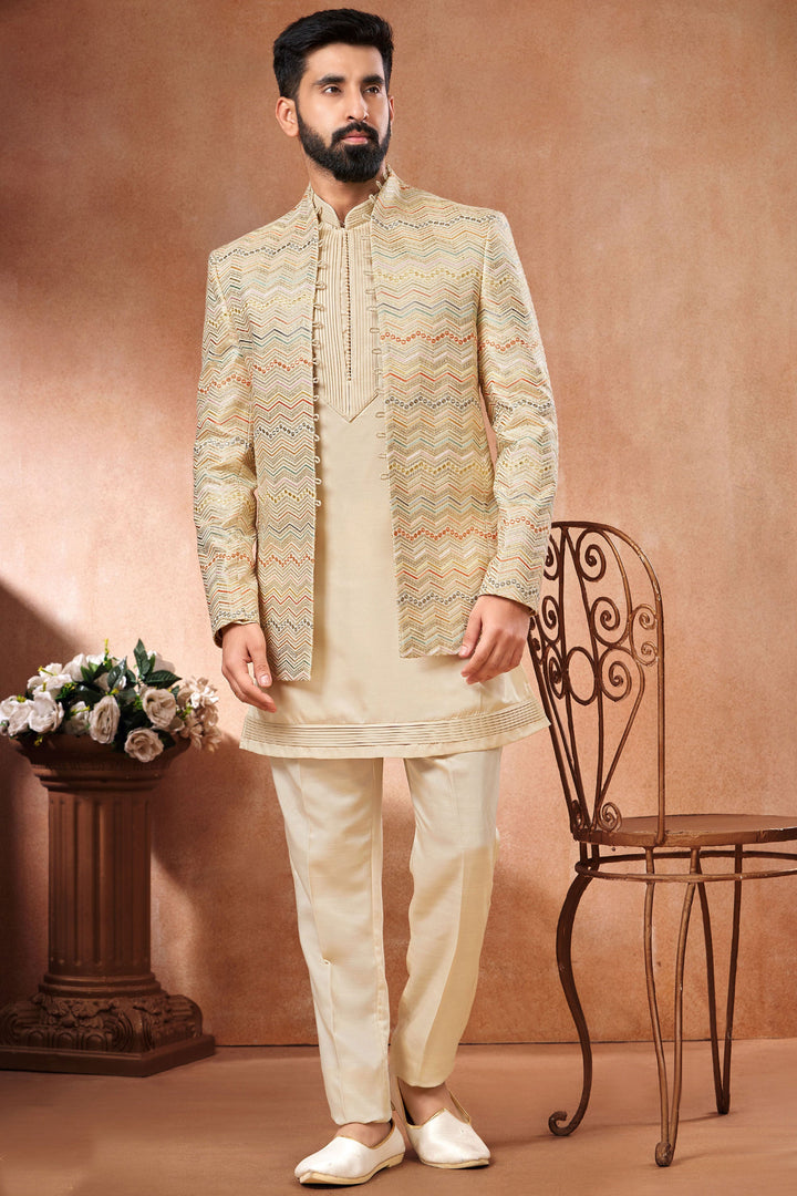 Banarasi Silk Lovely Cream Color Festive Wear Embroidery Work Readymade Indo Western Jodhpuri Suit For Men