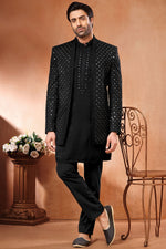 Load image into Gallery viewer, Velvet Embroidery Work Black Color Wedding Wear Pretty Readymade Indo Western Jodhpuri Suit For Men