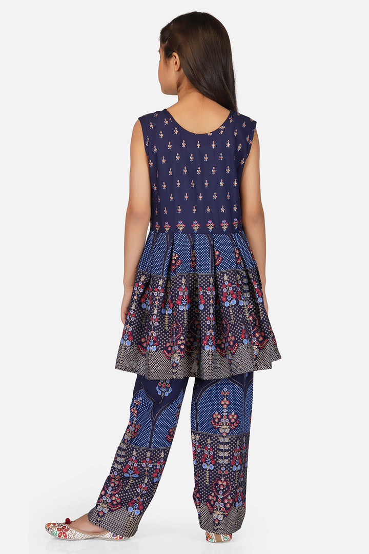 Cotton Engaging Navy Blue Color Function Wear Printed Readymade Kids Salwar Suit