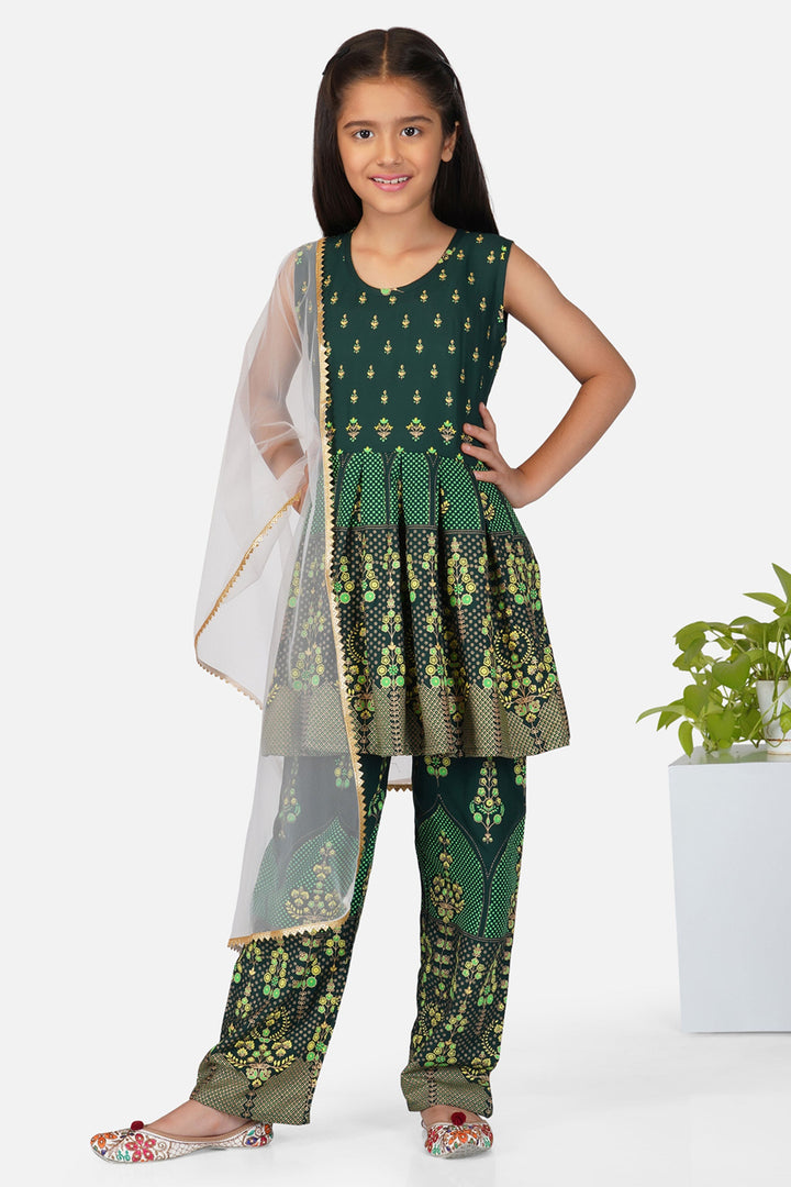 Function Wear Cotton Fabric Dark Green Color Printed Readymade Kids Salwar Suit