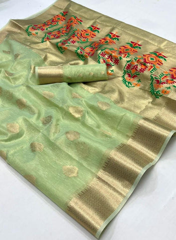 Tissue Fabric Sea Green Color Riveting Saree With Weaving Work