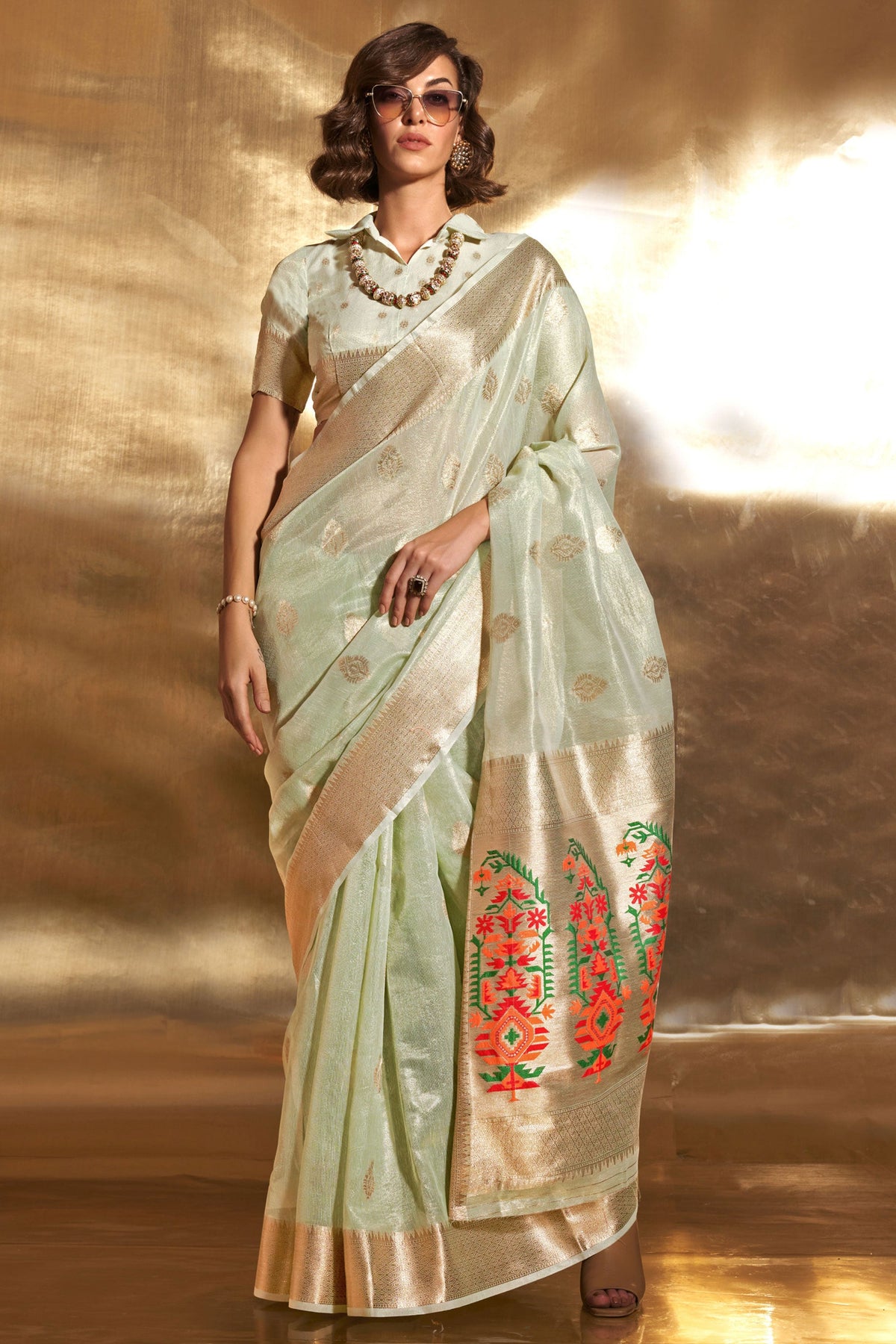 Tissue Fabric Sea Green Color Riveting Saree With Weaving Work