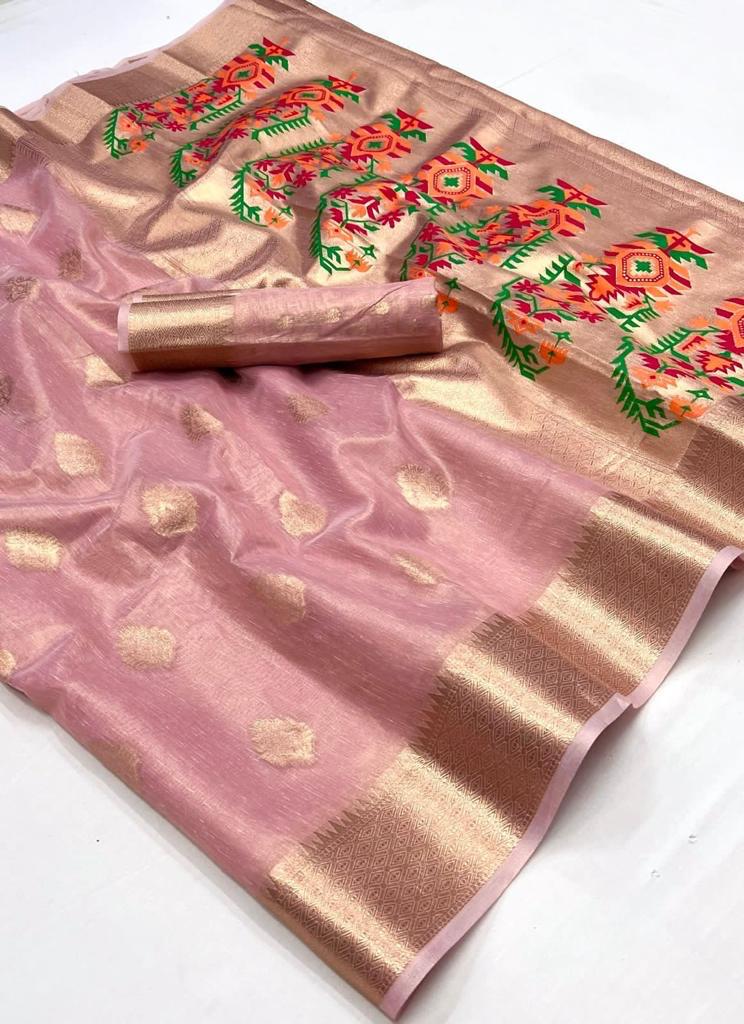 Tissue Fabric Pink Color Excellent Saree With Weaving Work