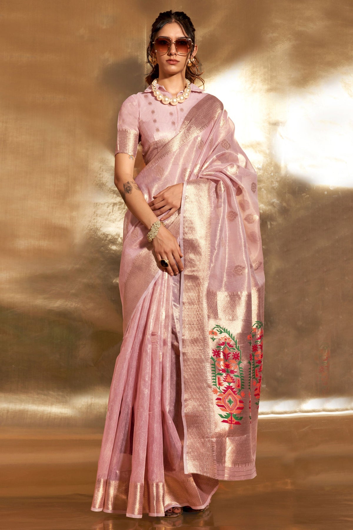 Tissue Fabric Pink Color Excellent Saree With Weaving Work