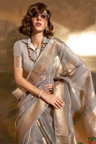 Grey Color Tissue Fabric Special Saree With Weaving Work