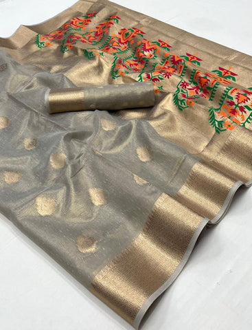 Grey Color Tissue Fabric Special Saree With Weaving Work