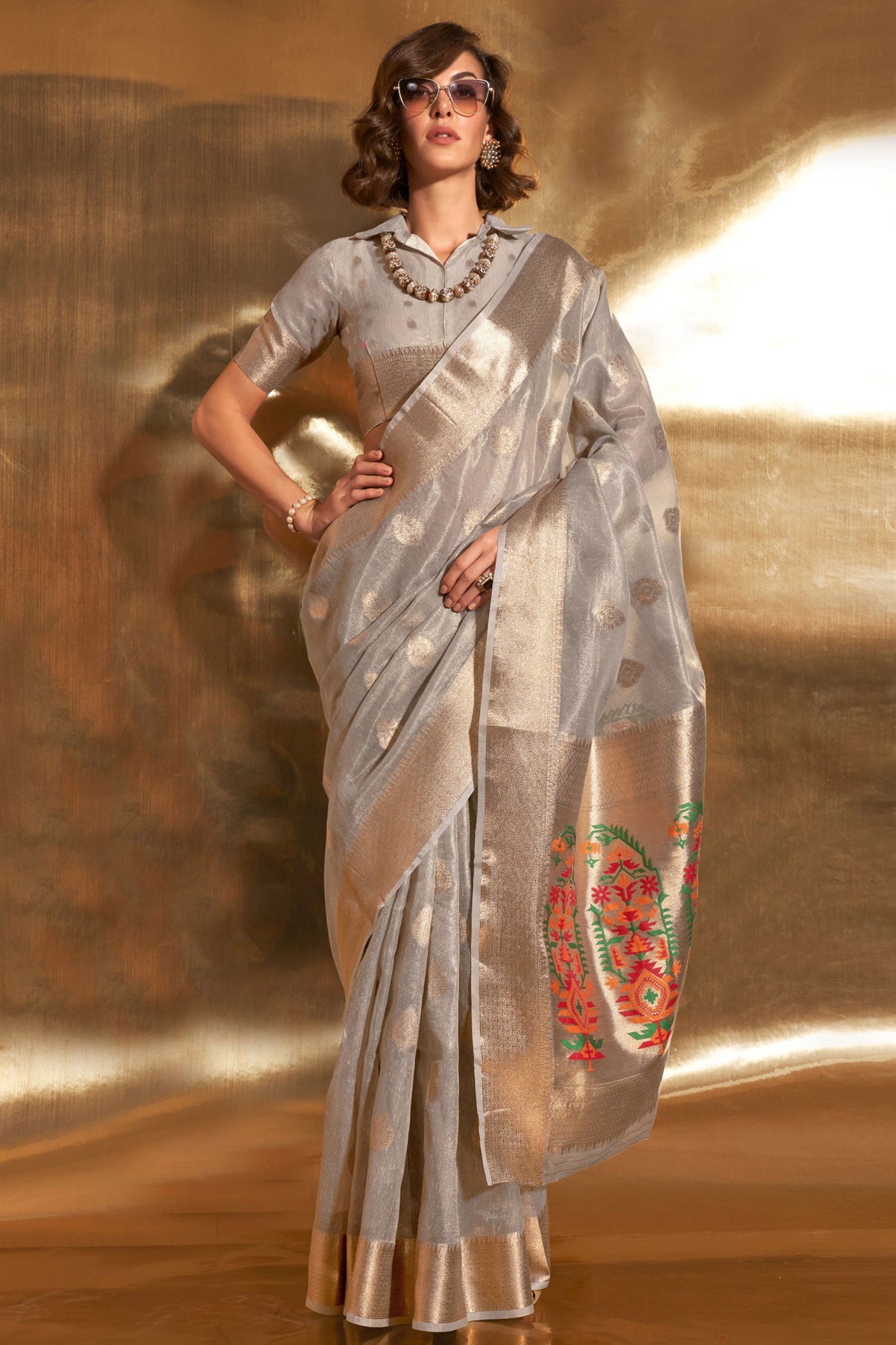 Grey Color Tissue Fabric Special Saree With Weaving Work