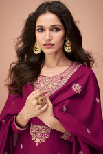 Load image into Gallery viewer, Vartika Singh Tempting Art Silk Fabric Magenta Color Palazzo Suits With Embroidered Work
