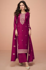 Load image into Gallery viewer, Vartika Singh Tempting Art Silk Fabric Magenta Color Palazzo Suits With Embroidered Work
