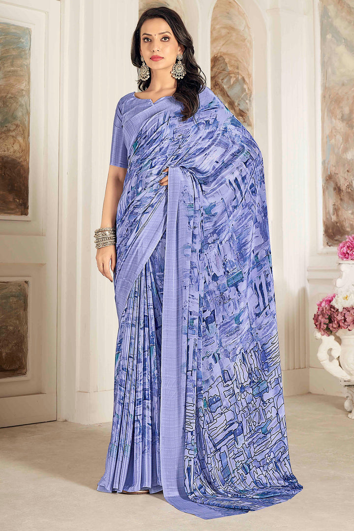 Lavender Color Printed Work On Crepe Silk Fabric Stunning Saree