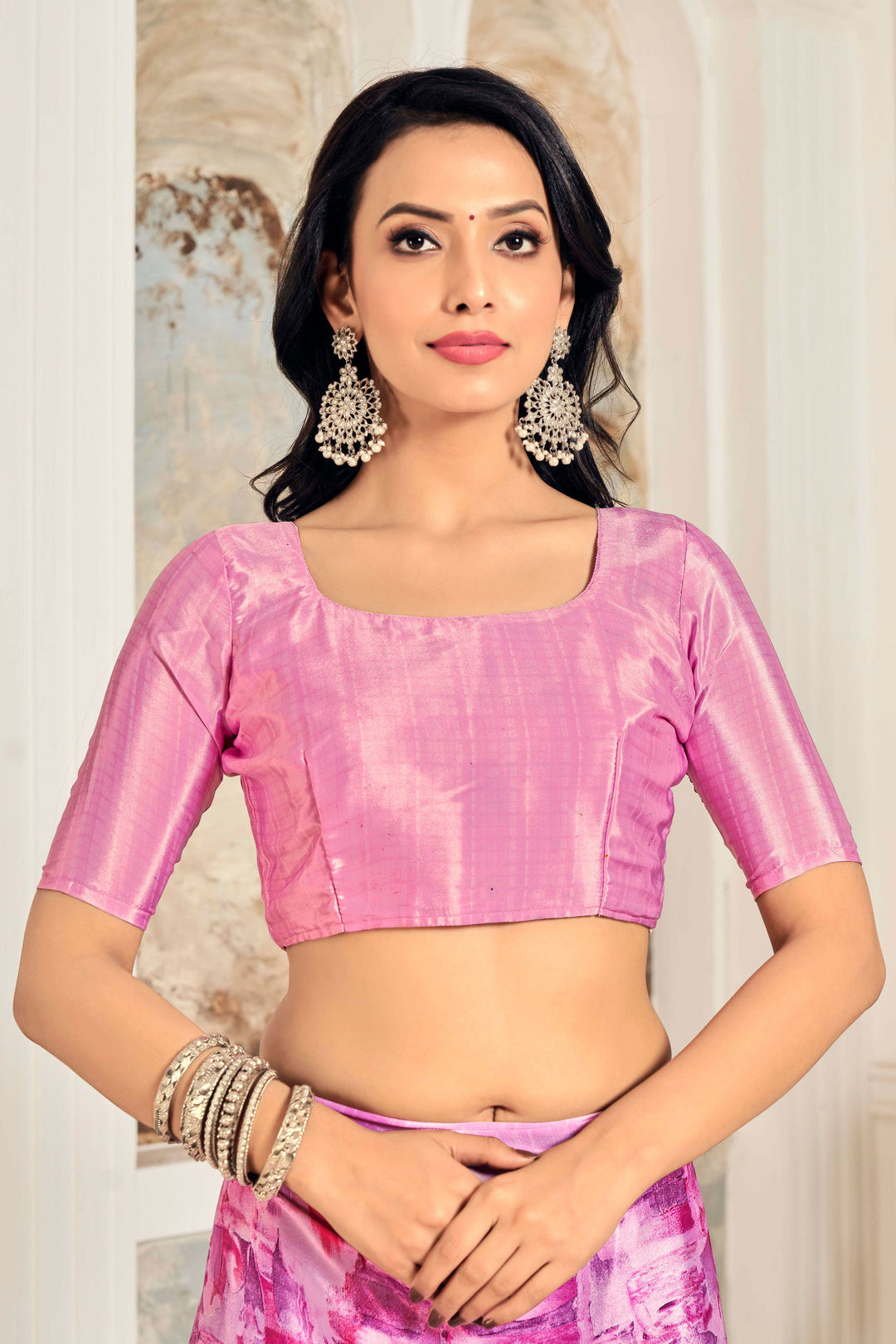 Beguiling Printed Work On Pink Color Crepe Silk Fabric Saree