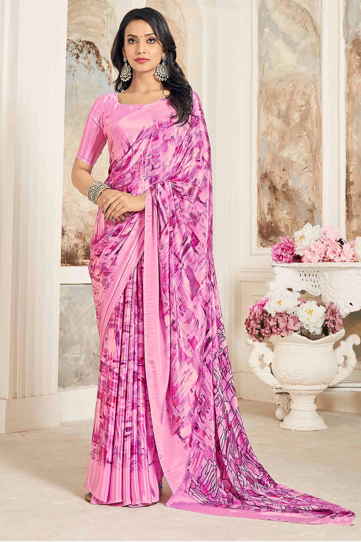 Beguiling Printed Work On Pink Color Crepe Silk Fabric Saree