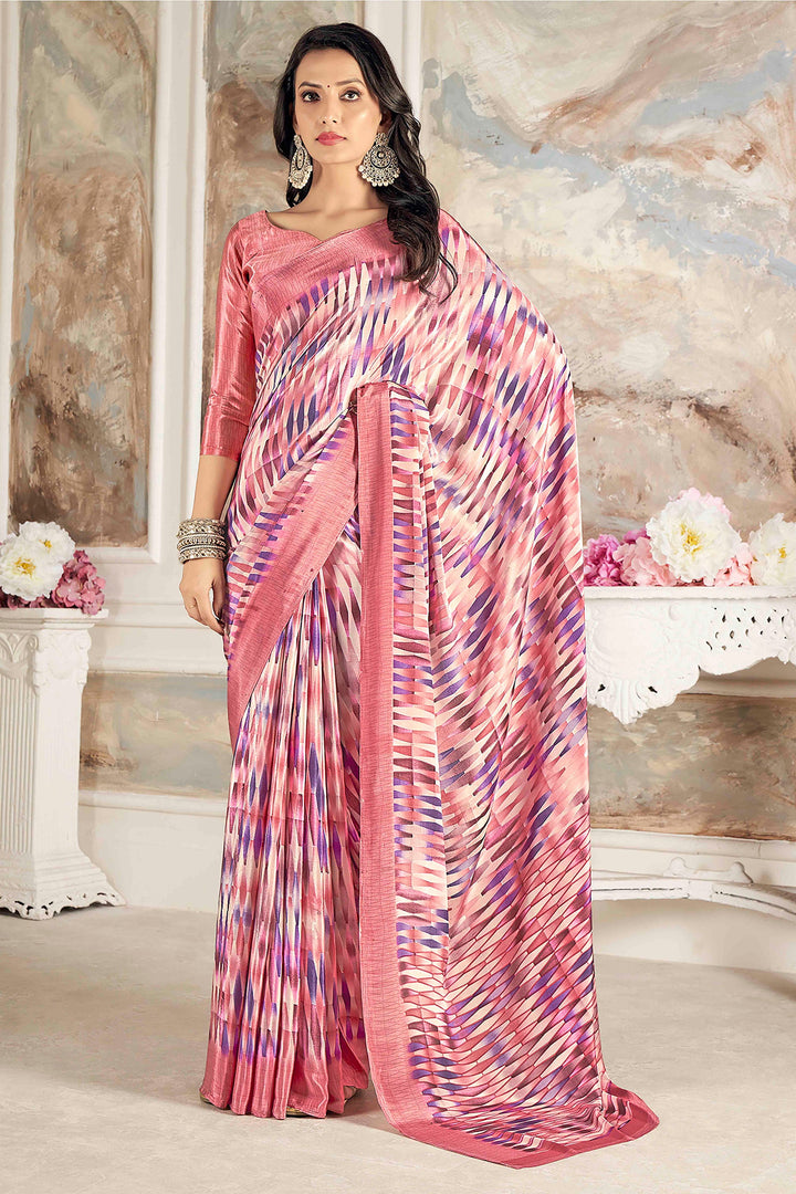 Engaging Peach Color Crepe Silk Fabric Saree With Printed Work