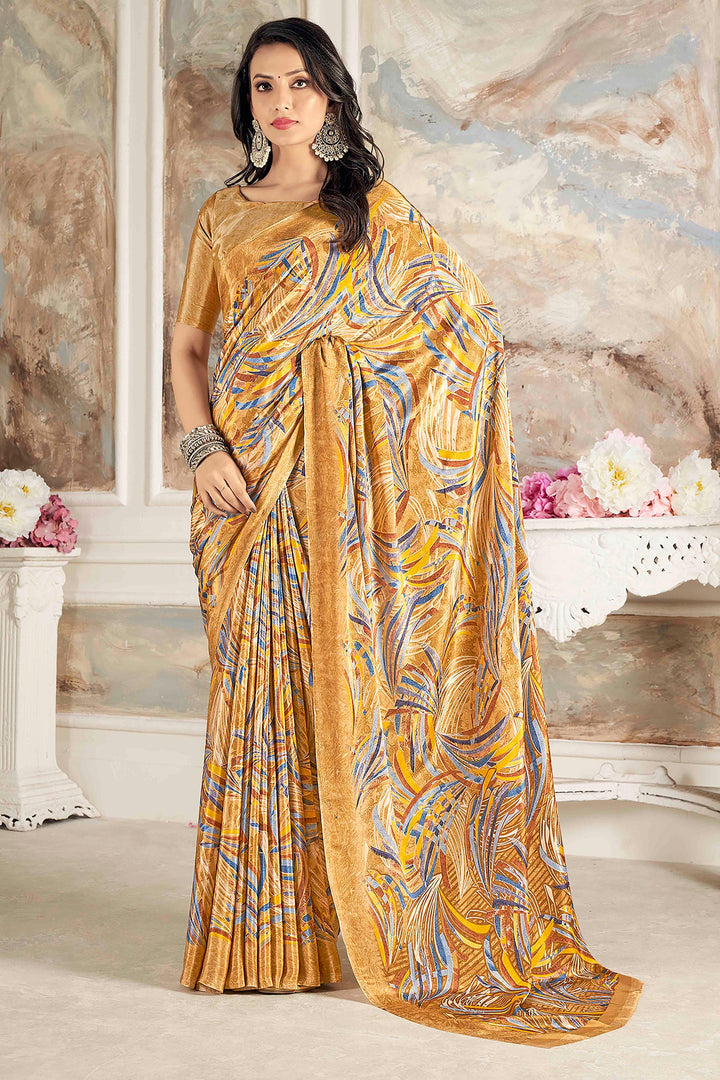 Trendy Crepe Silk Fabric Mustard Color Saree With Printed Work