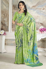 Load image into Gallery viewer, Soothing Printed Work On Green Color Crepe Silk Fabric Saree
