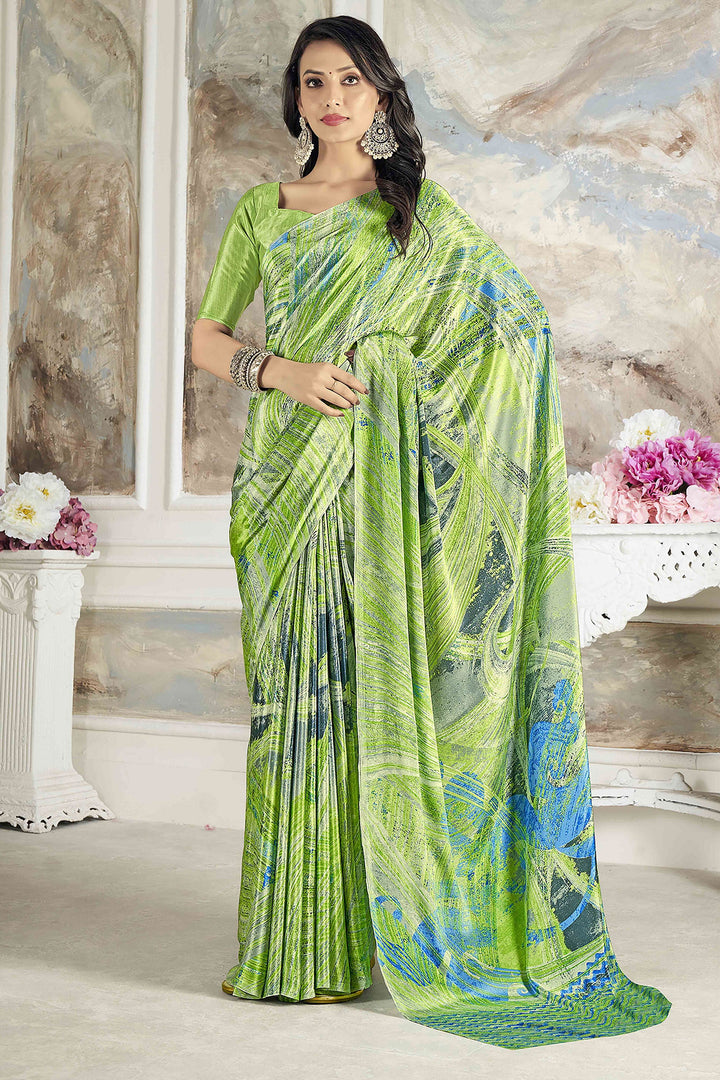Soothing Printed Work On Green Color Crepe Silk Fabric Saree