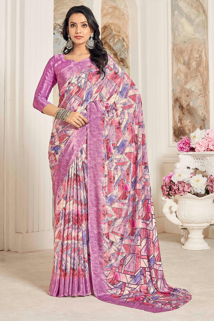 Graceful Crepe Silk Fabric Pink Color Saree With Printed Work