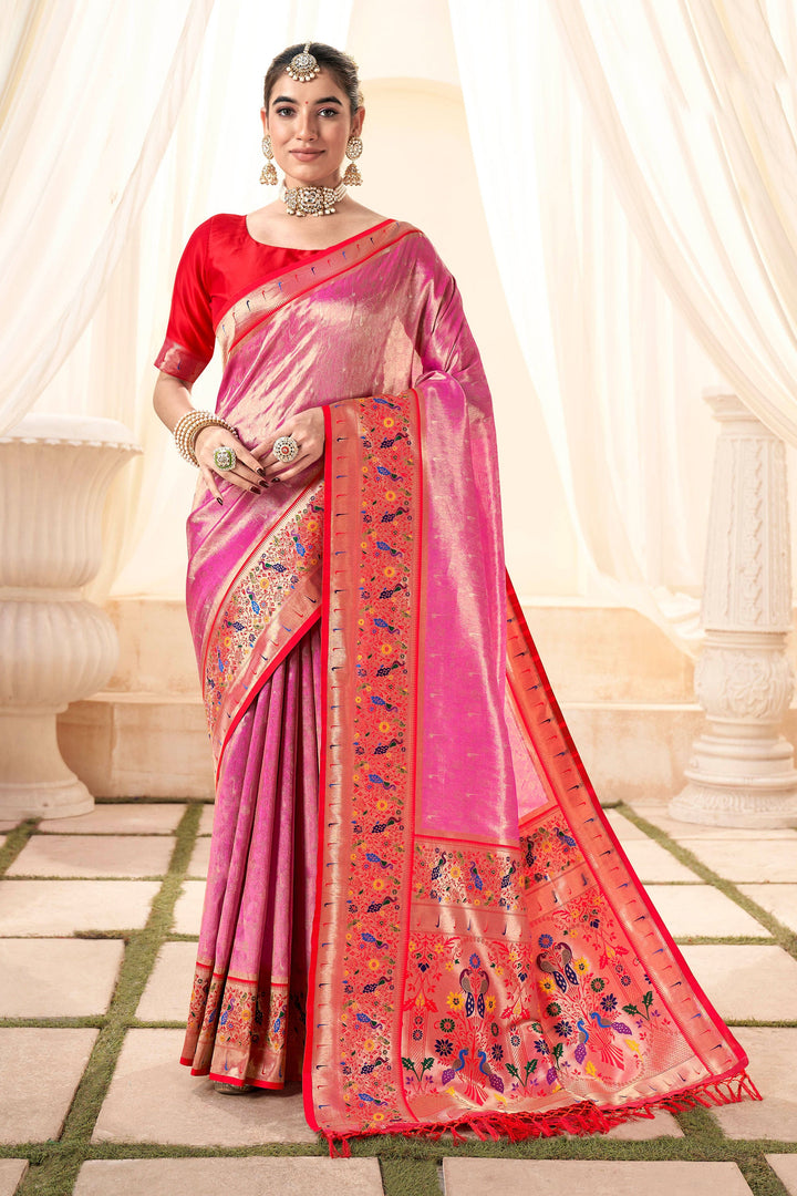 Pink Color Gorgeous Handloom Saree With Printed Work