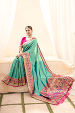 Load image into Gallery viewer, Cyan Color Printed Work Brilliant Handloom Saree In Festive Wear

