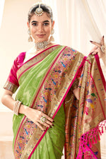 Load image into Gallery viewer, Printed Work Soothing Handloom Saree In Green Color
