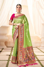 Load image into Gallery viewer, Printed Work Soothing Handloom Saree In Green Color
