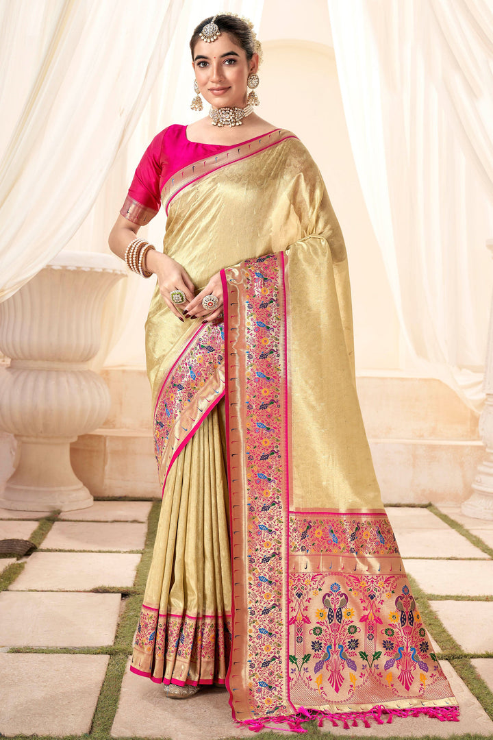 Cream Color Glorious Handloom Saree With Printed Work