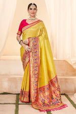 Load image into Gallery viewer, Blazing Yellow Color Printed Work Handloom Saree
