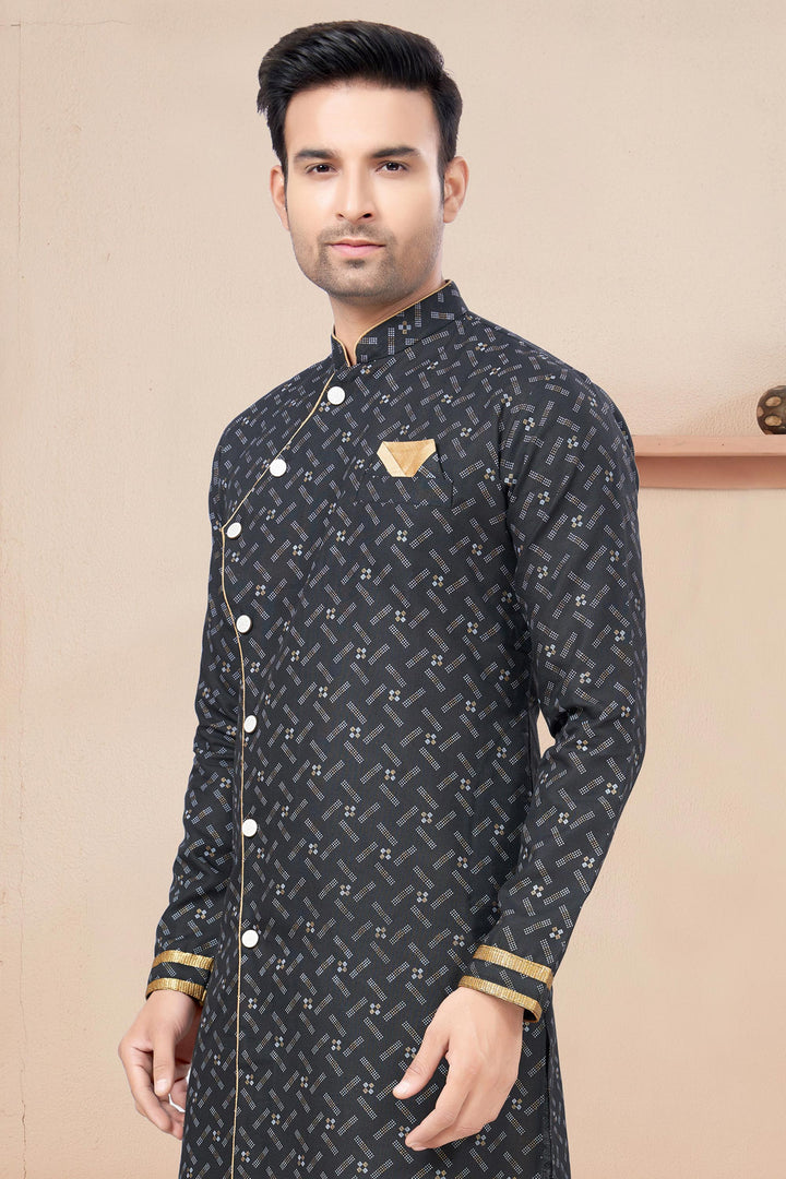 Printed Appealing Black Color Cotton Fabric Readymade Indo Western For Men