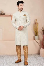 Load image into Gallery viewer, Printed Cream Color Gorgeous Cotton Readymade Indo Western For Men
