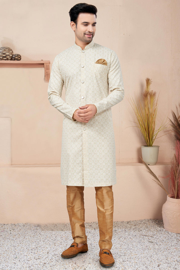 Printed Cream Color Gorgeous Cotton Readymade Indo Western For Men
