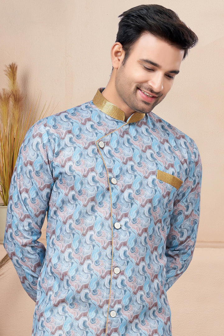 Blue Color Printed Cotton Fabric Striking Readymade Indo Western For Men
