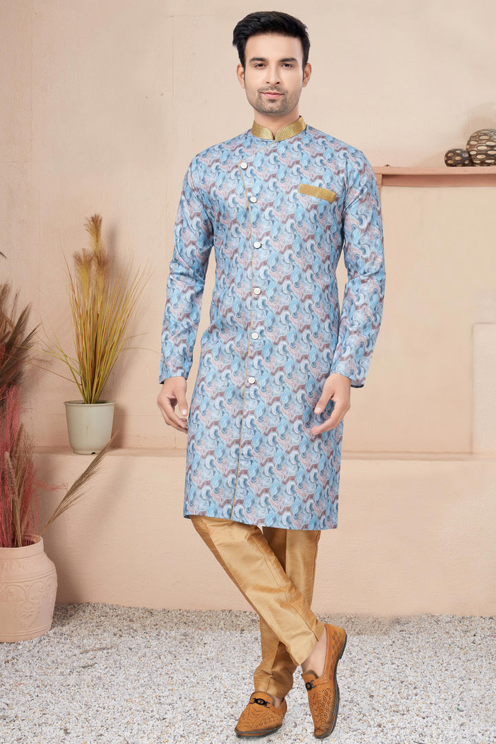 Blue Color Printed Cotton Fabric Striking Readymade Indo Western For Men
