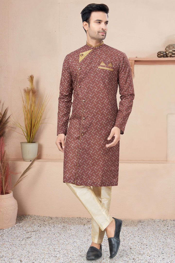 Lovely Brown Color Printed Readymade Indo Western For Men