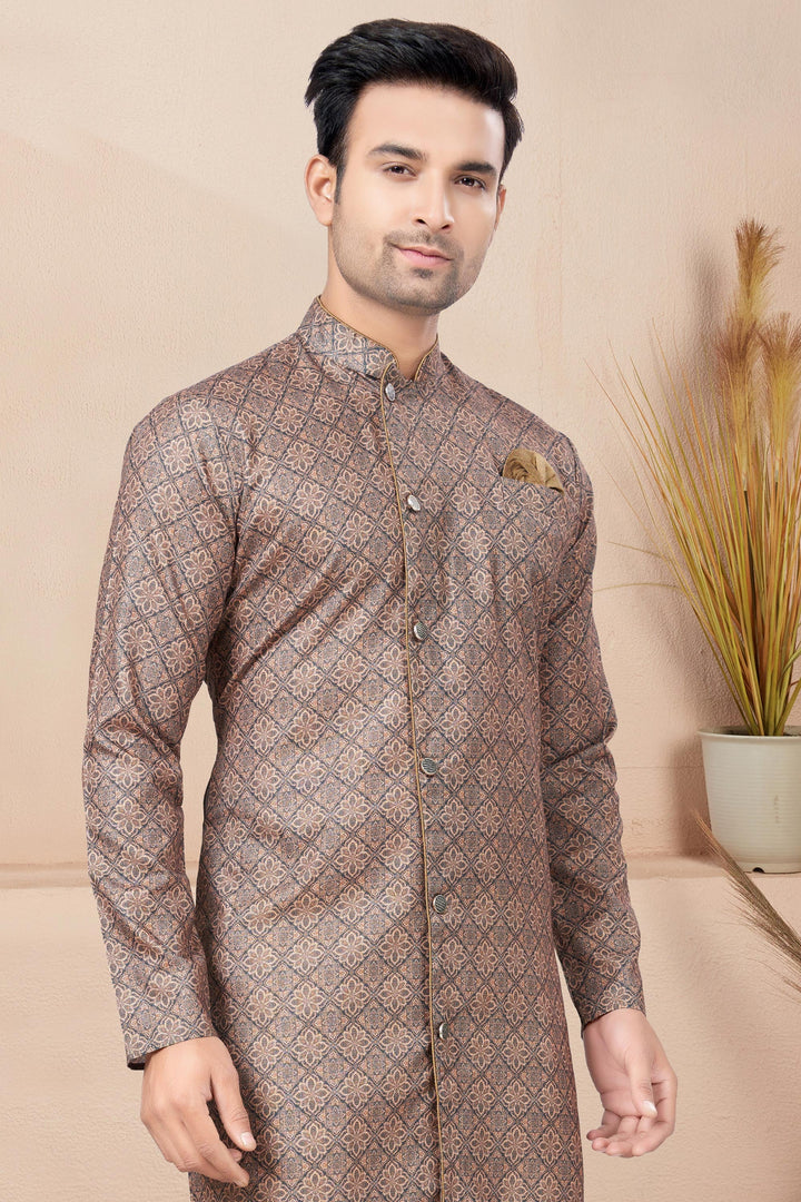 Printed Brown Color Pretty Readymade Indo Western For Men In Cotton Fabric