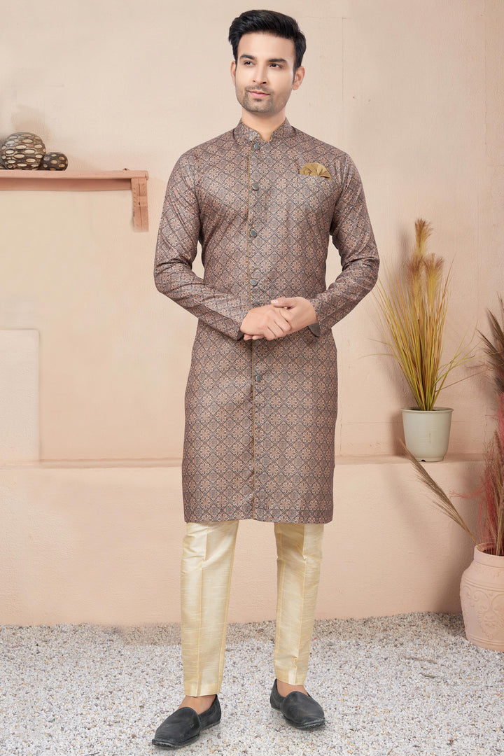 Printed Brown Color Pretty Readymade Indo Western For Men In Cotton Fabric
