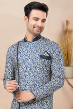 Load image into Gallery viewer, Printed Blue Color Fancy Fabric Readymade Indo Western For Men
