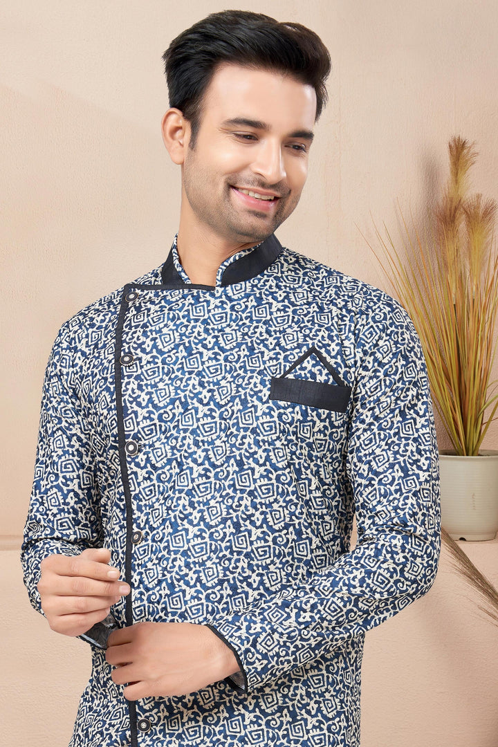 Printed Blue Color Fancy Fabric Readymade Indo Western For Men