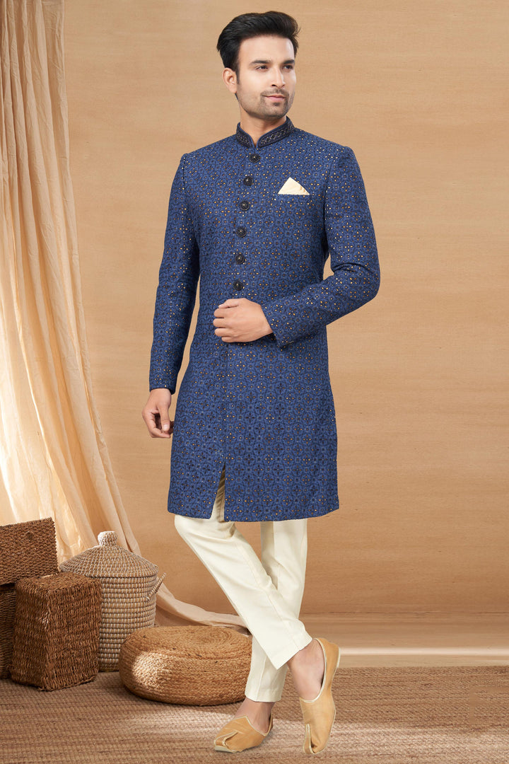 Navy Blue Fancy Fabric Graceful Readymade Men Indo Western