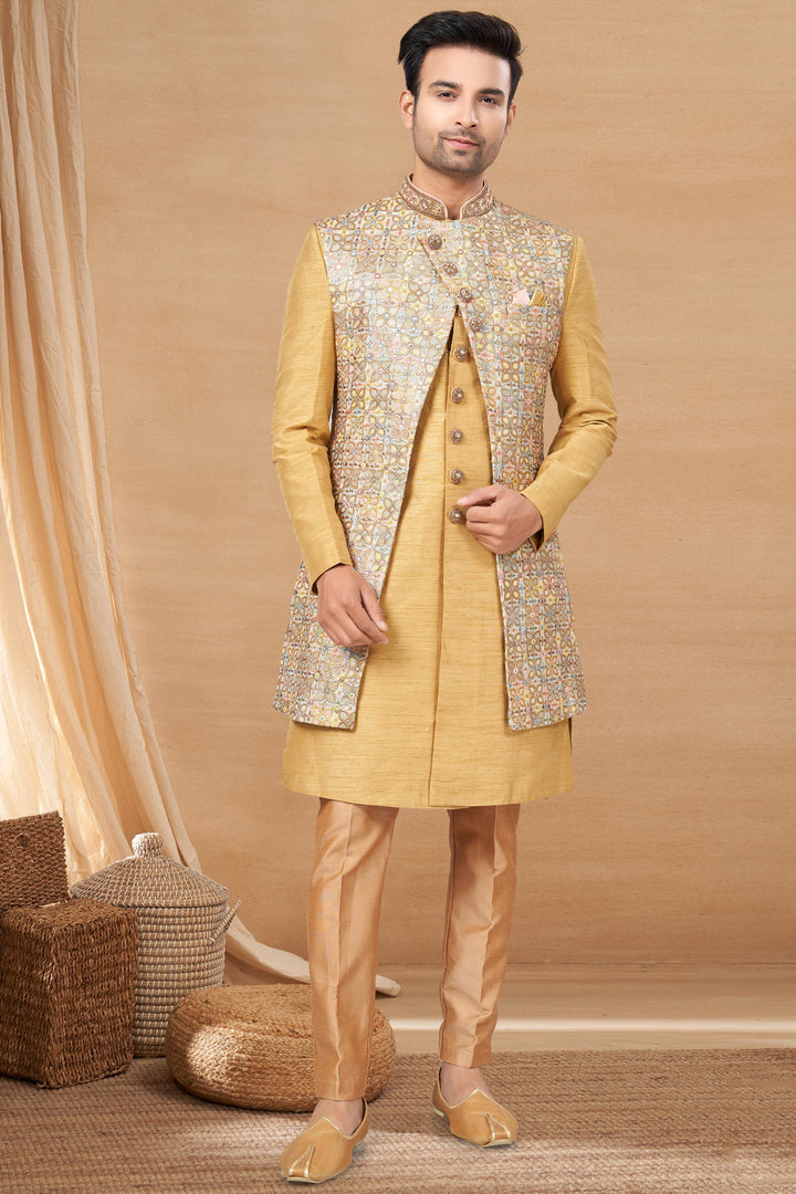 Art Silk Fabric Beige Magnificent Readymade Men Indo Western