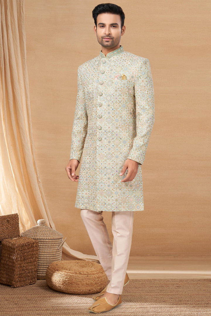 Sea Green Color Readymade Fancy Fabric Indo Western For Men