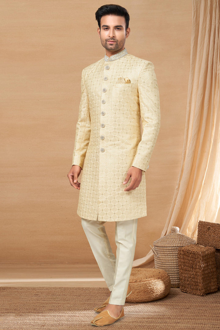 Beige Color Fancy Fabric Readymade Indo Western For Men